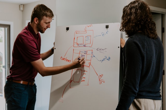 Male and female strategist providing solutions on a white board