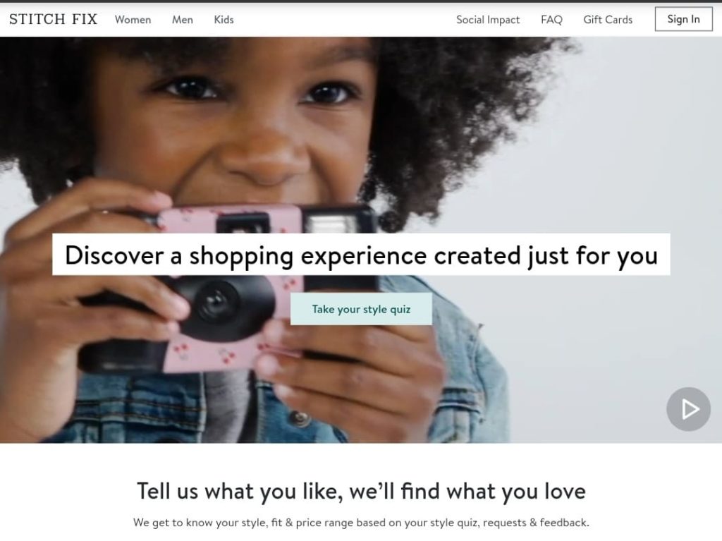 Stitch Fix website homepage with young boy holding a camera device