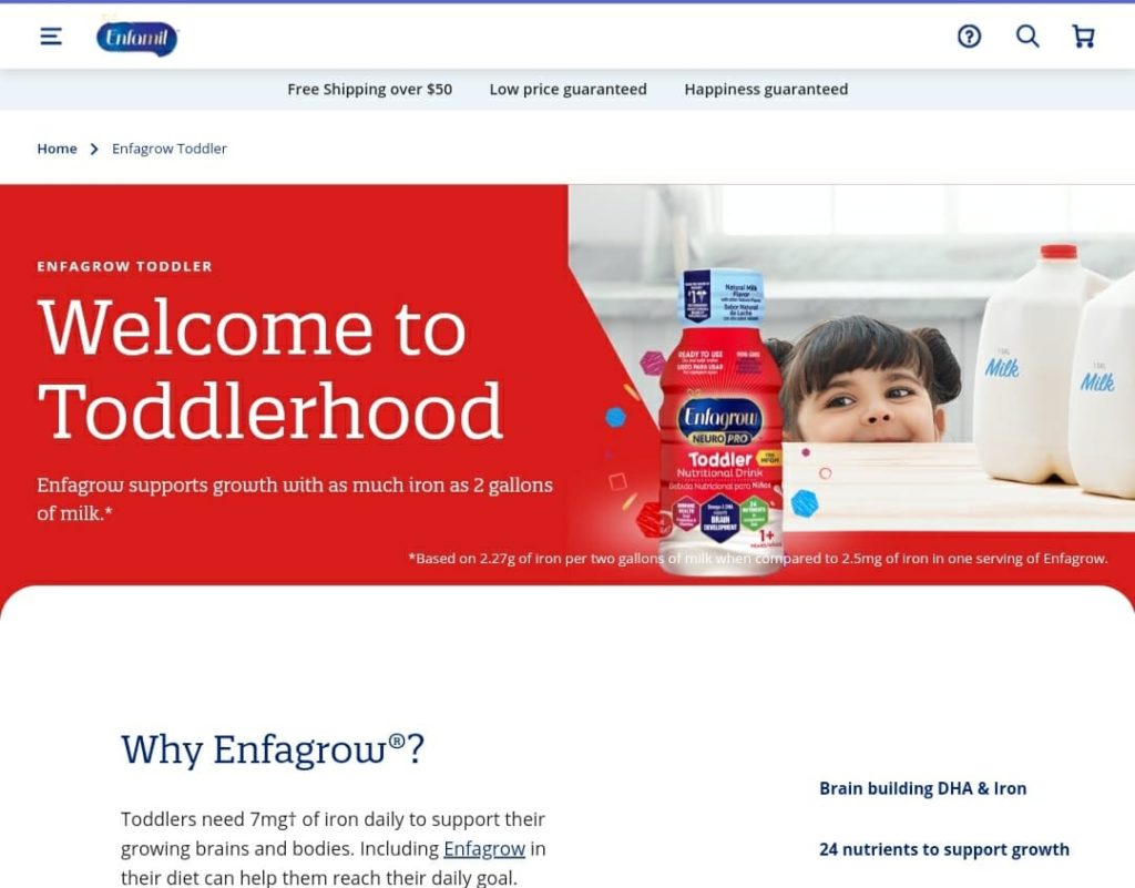 Enfagrow website homepage with baby picture and products