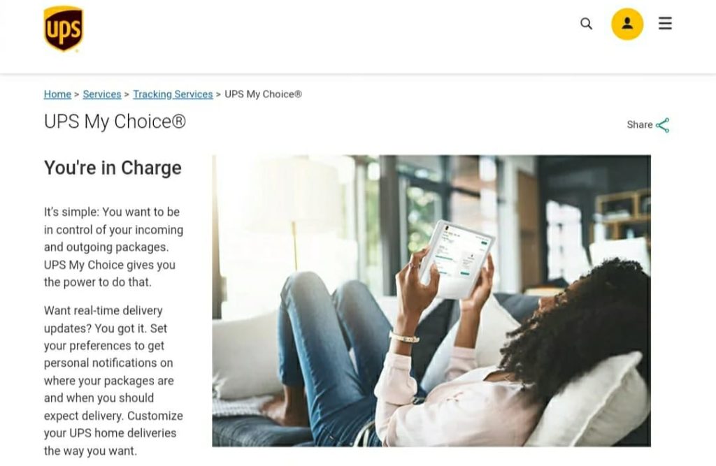 UPS my choice website background with lady pressing phone