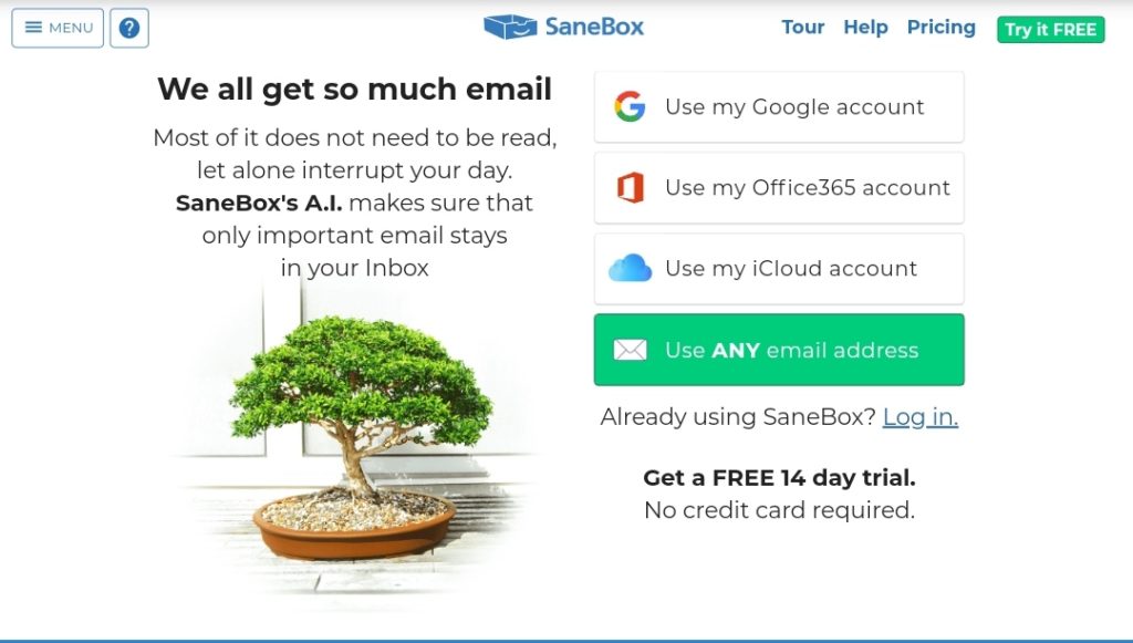 SaneBox homepage screenshot