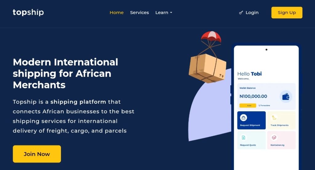 Topship (Nigerian startup) homepage screenshot